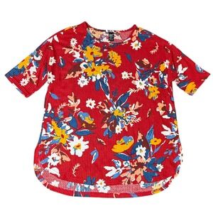 Lilidy Red Floral‎ Print 3/4 Sleeve Waffle Knit Tunic Top Large L
